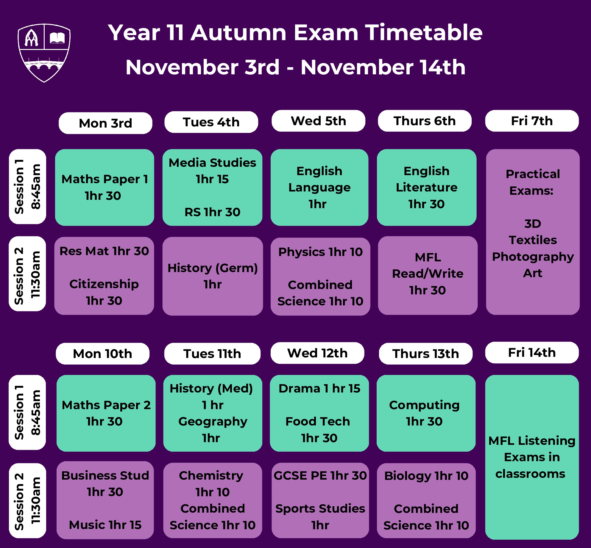Year 11 autumn exam timetable
